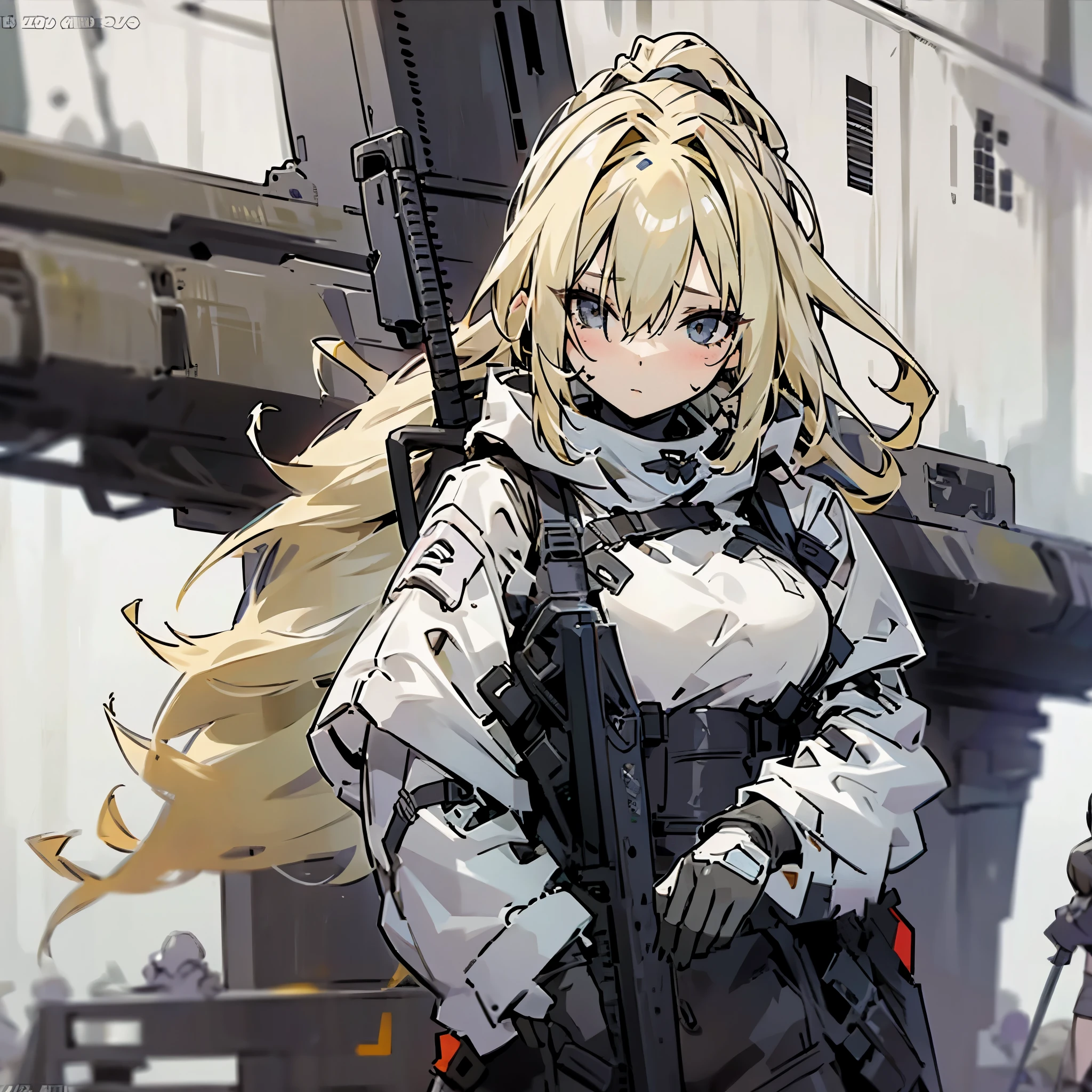 Group of girls one with blonde hair, second with gray hair, and the last third one have ivory hair are holding cyberpunk assault rifles near a military humvee in the wasteland