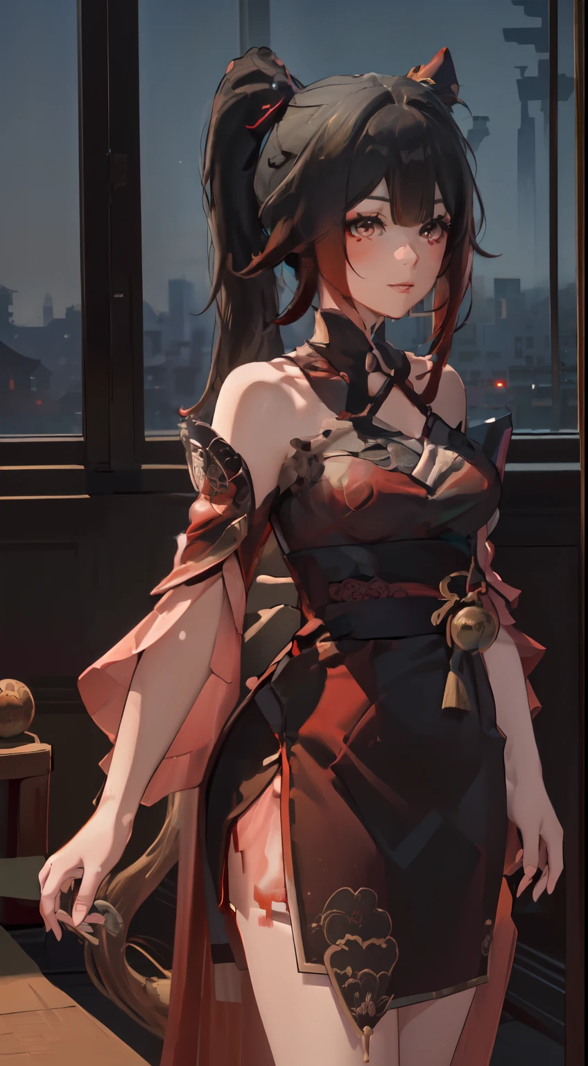 (((professional: Step by step, taking into account even the smallest detail, God-level final result, all intricate details, cowboy shot, solo 1girl view))): "1 fox girl, ruby eyes, fox ears, fox tail, high ponytail, smug, cute, short black china dress, side full body, pelvic curtain, thigh ribbon, (pumps:1), (hugging own leg:1.1), chinese style, indoors, sharp focus, looking at viewer, (intricate:1.3), red light theme, (orange tone:0.7), illustration, "