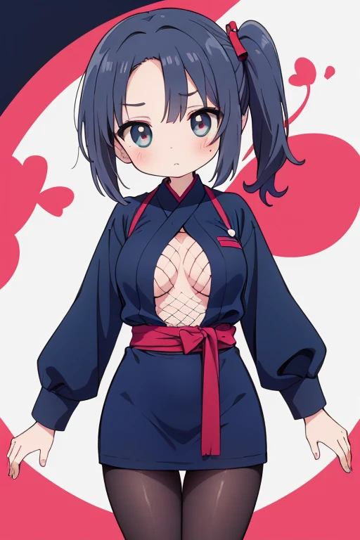 (masterpiece), (highest quality), ((Super detailed))、(super delicate)、Cute naughty ninja girl、Pastel colors hair、medium breasts、(Thighs, fishnet pantyhose, ninja costume)、Gorgeous、short hair, (dark blue hair), (naked:1.2), (forehead, bangs pinned back, asymmetrical bangs, side ponytail:1,2), standard height, (Serious, Large eyes, yuruyuri)