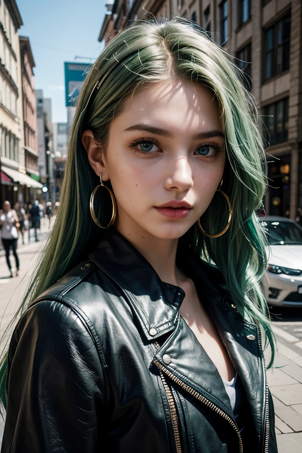 A close-up portrait of the model with flowing green hair and striking blue eyes, set against a backdrop of a lively urban street. She’s wearing a trendy leather jacket and silver hoop earrings, with vibrant street art in the background. masterpiece 8k photo realistic