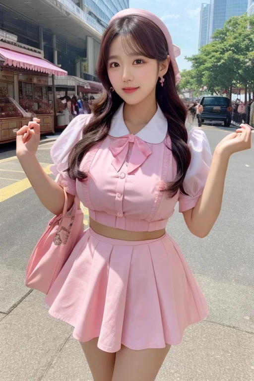 1 Arafad image of a group of Asian women posing for a photo,(pink color),cgstation trends,pink color皮膚,cgstation trends,pink color幫派肖像,January),ulzzang,(pink color),maid outfit, Trending on bbwchan, yanjun Chengt, Girls' Generation, 淡pink color膚色,summer,Short skirt,maid outfit