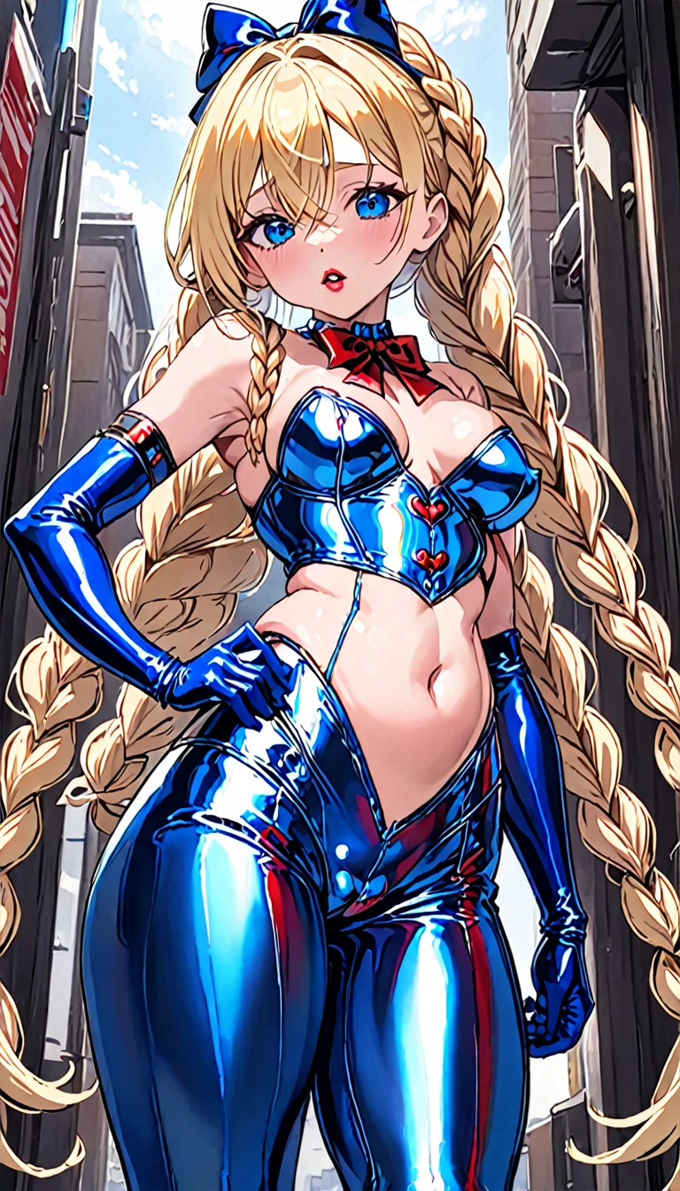 A sexy girl with a big chest, blonde hair, long braids, her blue eye, her red lip, she wears a metallic blue corset, shows her navel, and metallic blue pants, light blue boots, light blue metallic gloves. 