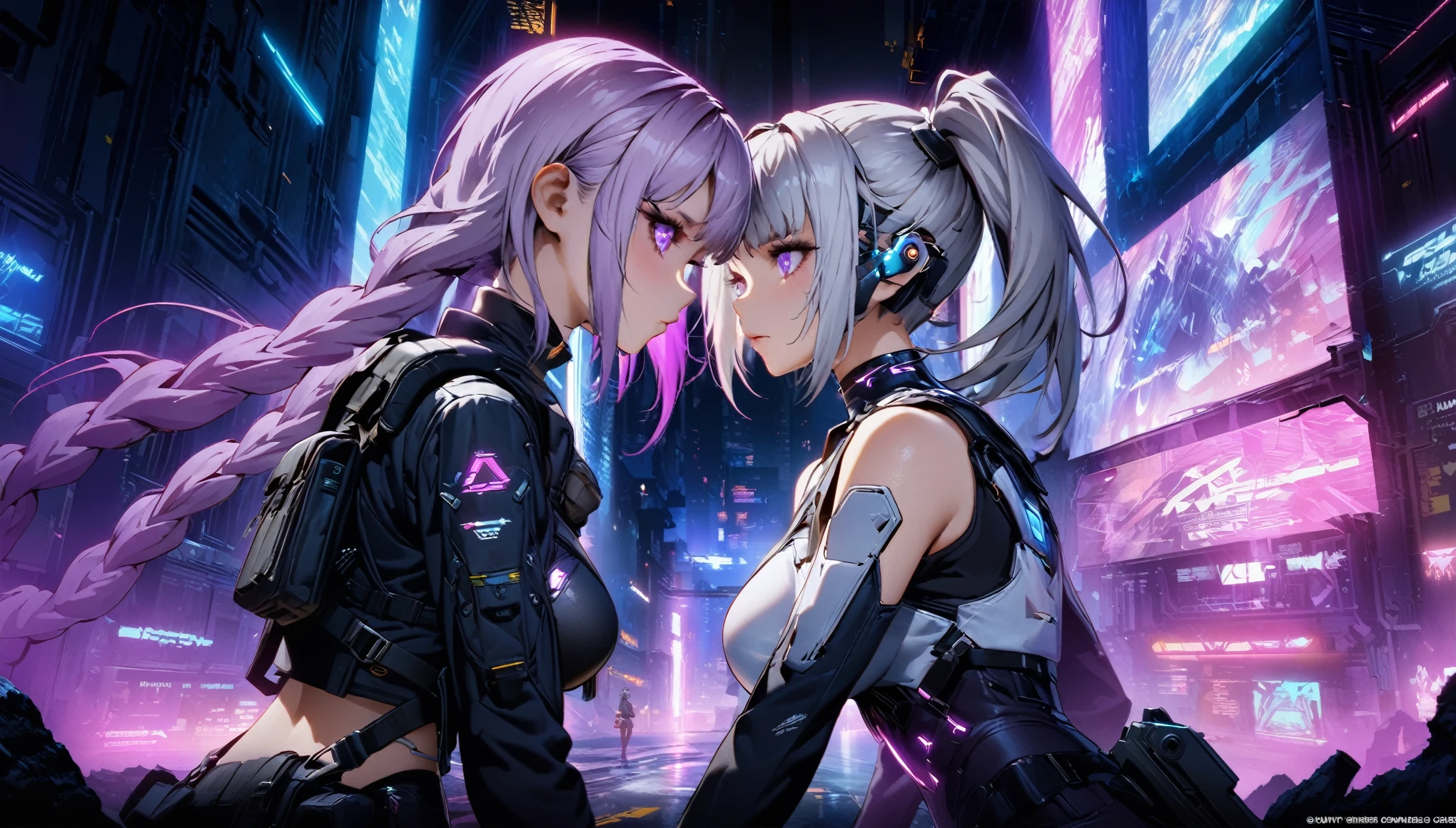 (((Official Art, Unity 8k wallpaper, super detailed, beautiful, beautiful, masterpiece, best quality))), 2 girl standing face to face, (One of the girls had Short silver hair), Neon Art, cyber punk, arms, Pistol, Rocket Launcher, missile, (The other girl had long purple and white gradation double ponytail twists)，(purple and white gradation color hair:1.3), background is a cyberpunk city