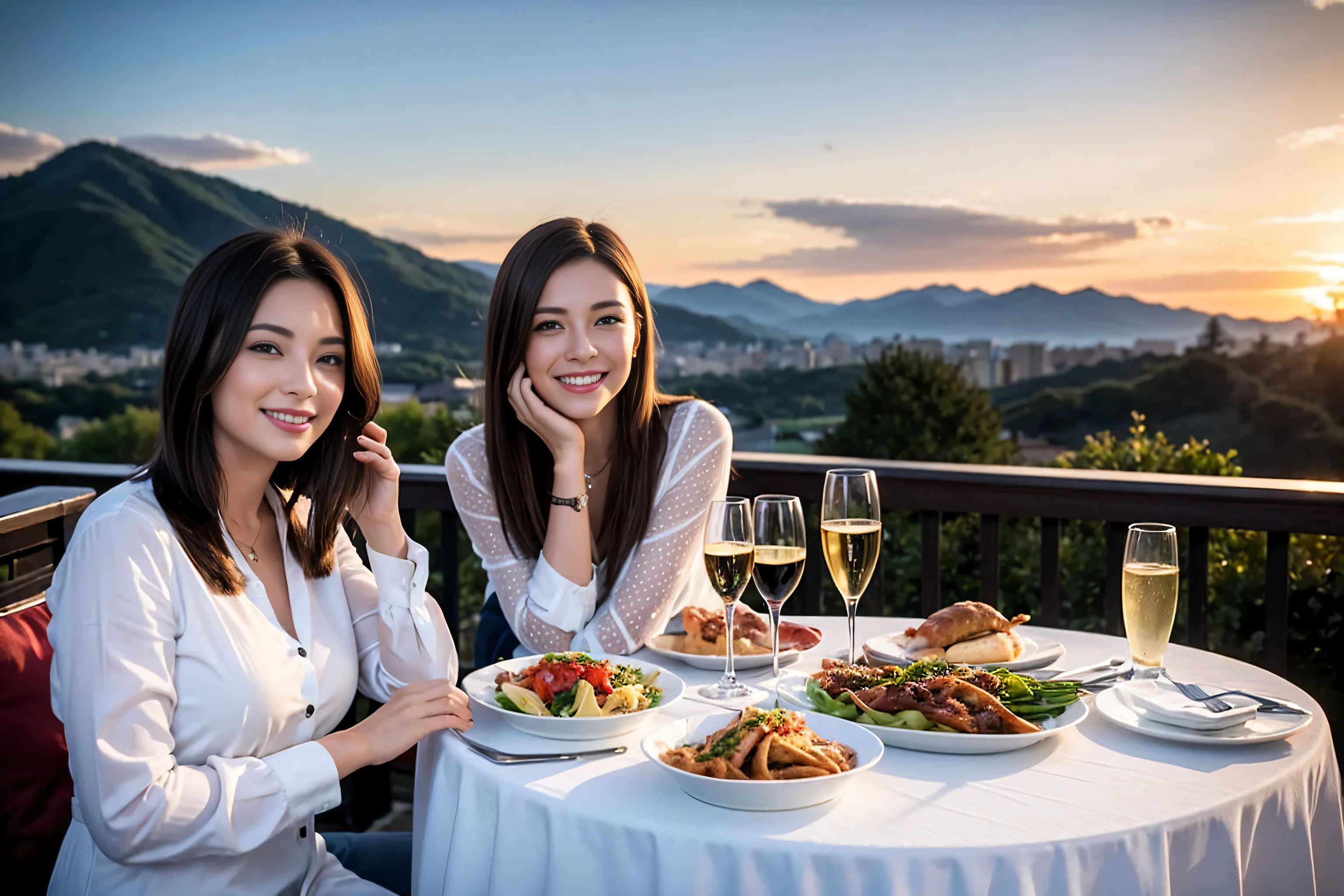 ((highest quality、8k、masterpiece:1.3))、1 male 1 female、Lovers、beautiful couple、Happy Smile、 (Slim face), (The body is スリム), (Brown Hair), (Shortcuts), ((Bob Hale、Straight hair:1.2)), Wine glass on the table、Please put light on my face、 Amazing view of the sunset sky and clouds、Amazing mountain views、The wonderfulness of smiles、Bright image、Blushing, Shortcuts,Bright Face、 (42 years old), 39 years old, red wine 、Appetizers、Italian food、Wine bottle、Champagne、sparkling wine、Long sleeve shirt、dress、Attractive beauty、restaurant, Nova Frog Style, actress, model, Upper Body, White wine, red wine, wine glass, 