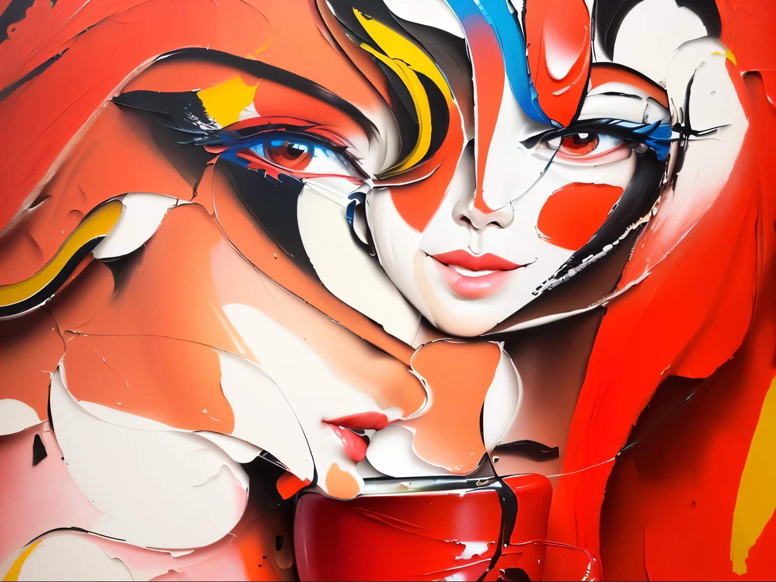 The painting shows a bright-faced、Woman holding coffee, Painted in bright oils, Cubist Borak,cubist picasso,Cubist-style plump breasts。three big eyes,Cubist Nose,Two red lips of Cubism,vibrant expressive colours, Vibrant painting, colorful art, Colorful paintings, Beautiful paintings with great expressiveness, Colorfull, Inspired by Borak, Brightly colored oil painting on canvas, Details and vivid colors, Pop Art, vibrant oil painting, Intense and vivid colors, colourful artwork