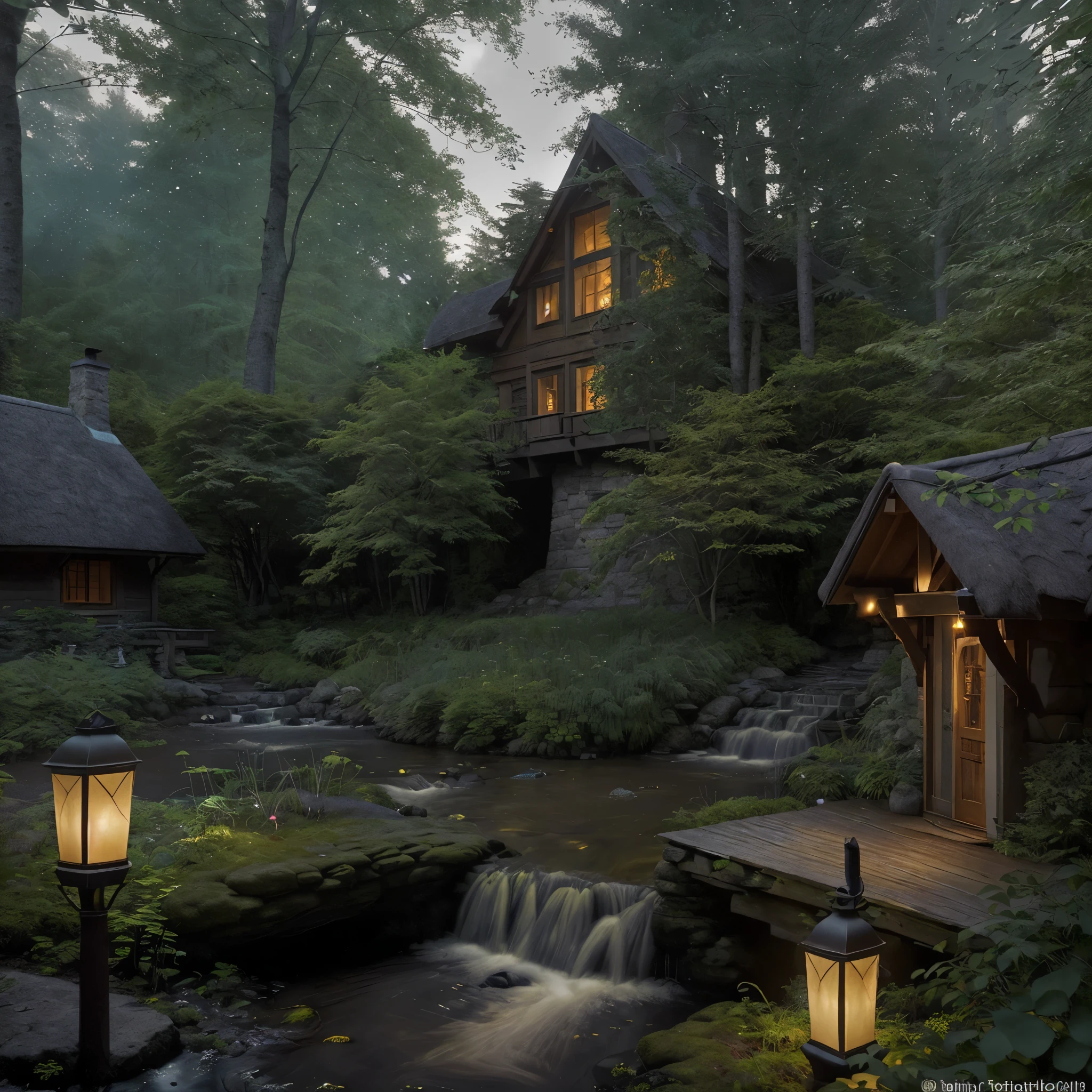 topic: Mysterious forest landscape for advertising a themed resort Description: Create an image of a magical forest landscape at dusk, which will become a promotional image for a luxury forest resort. The forest is dense, with tall trees, covered with moss. There is a light fog in the air, giving the picture a mystical atmosphere. The flickering lights of fireflies are visible among the trees, lighting the path, leading to a cozy wooden cottage with large windows, from which warm light pours. The cottage stands next to a picturesque stone bridge over a small stream. In the background you can see the silhouette of an ancient ruined tower, partially hidden behind trees, adding a sense of history and magic.
People: On the path, leading to the cottage, depicts a family or couple, Walking Hand in Hand, enjoying an evening walk. A man can be seen at one of the cottage windows, sitting in a chair and reading a book by the light of a lamp, creating a feeling of comfort and tranquility. A figure of a man stands on the bridge, admiring the view and taking photos on a smartphone.
Color palette: Use soft ones, muted tones, mostly green, blue and purple shades, to convey a sense of twilight and mystery. warm light, coming from the cottage windows and lanterns, will add contrast and comfort.
Additional details: Include a variety of forest plants and flowers in the composition, variety of bark and leaf textures. Add small details, such as small forest animals or footprints on a path, which will add depth and realism to the image. Maybe, the resort logo or name can be placed on the cottage or bridge.