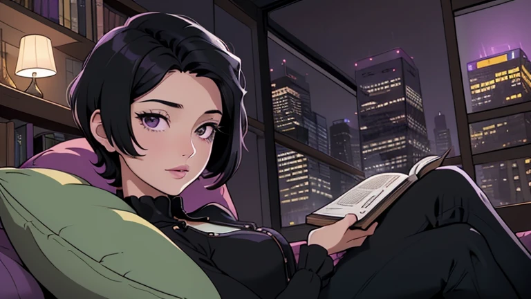 Beautiful woman in her 30s with short black hair is sitting on the sofa. Looking down, LOFI girl, alone in the room, blouse, cozy wallpaper, big cushion, bookshelf, relaxing mood, night core, cozy, wide glass window with skyscrapers, outside view at night, only five fingers, purple wall, black Eyes, book,