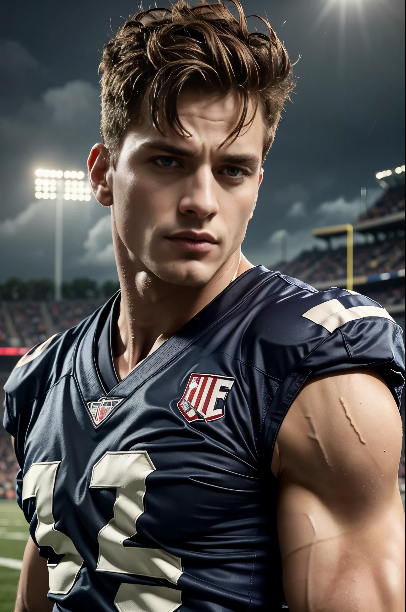 Photo-realistic, ((best quality)), ((masterpiece)), (detailed), football player, perfect human face, short hair, handsome young male model dressed as a football, 18-year-old, super male model, handsome, amazing mermaid tail, tall, cute, evil looking, dark look powerful, young male model, handsome, super strong, muscular, fit, massive muscles, six pack, clean shave, blue eyes, pale skin, (wavy short messy brown hair:1.2), short messy hair, messy wavy hair, american football, shirtless, bare-chested, muscle, ripped, strong body, fit body, football field, american football field, 8k, high detailed, ultra-detailed, Stylish Pose, real skin texture, dramatic cinematic lighting, HORROR, night, night time, dark, full moon
