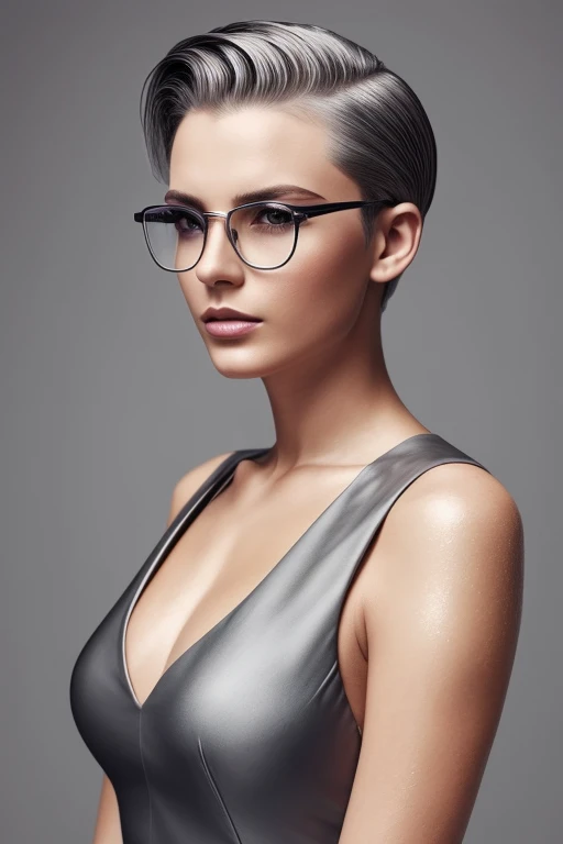 Gorgeous european woman with very short straight hair, short hair, wet hair, hair slicked back, combed straight back, slick hair, silver hair, glasses, wearing a white dress, solid dark grey background