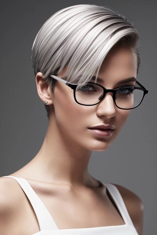 Gorgeous european woman with very short straight hair, short hair, wet hair, hair slicked back, combed straight back, slick hair, silver hair, glasses, wearing a white dress, solid dark grey background