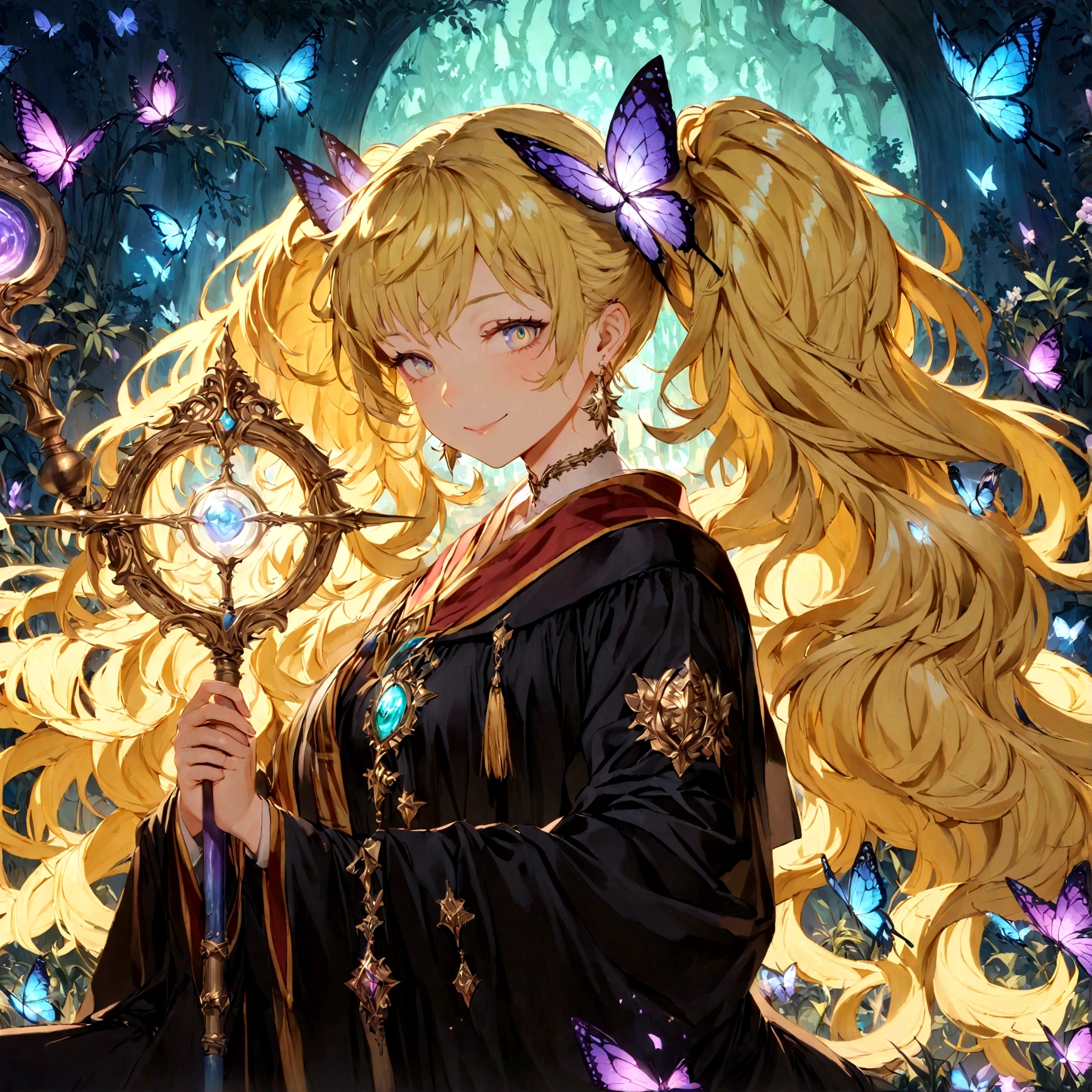 (absurdress, hight resolution, overdetalization), 1 girl , 16 year old , student at Hogwarts , long twintails yellow blond hair , bang ,white glasses , butterfly crown , blues glow eyes , wavy long smooth hair, beautiful detailed face , earrings , sitting in a field of green plants and flowers , her hand under her chin , stunning and gorgeous mature woman , warm lighting, wearing a Hogwarts uniform purple color , witch, fantasy, magic, casting spells , blurry foreground , black cat , Aura float deep purple glow diamond butterfly around , magic effect , Magic Staff , Vision Casting, Philosophical, Iconography, Popularity, an artistic, by Alphonse Mucha, sexuality , smile