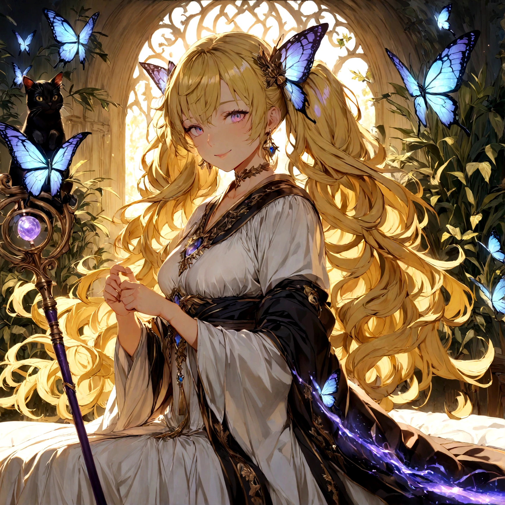 (absurdress, hight resolution, overdetalization), 1 girl , 16 year old , student at Hogwarts , long twintails yellow blond hair , bang ,white glasses , butterfly crown , blues glow eyes , wavy long smooth hair, beautiful detailed face , earrings , sitting in a field of green plants and flowers , her hand under her chin , stunning and gorgeous mature woman , warm lighting, wearing a Hogwarts uniform purple color , witch, fantasy, magic, casting spells , blurry foreground , black cat , Aura float deep purple glow diamond butterfly around , magic effect , Magic Staff , Vision Casting, Philosophical, Iconography, Popularity, an artistic, by Alphonse Mucha, sexuality , smile