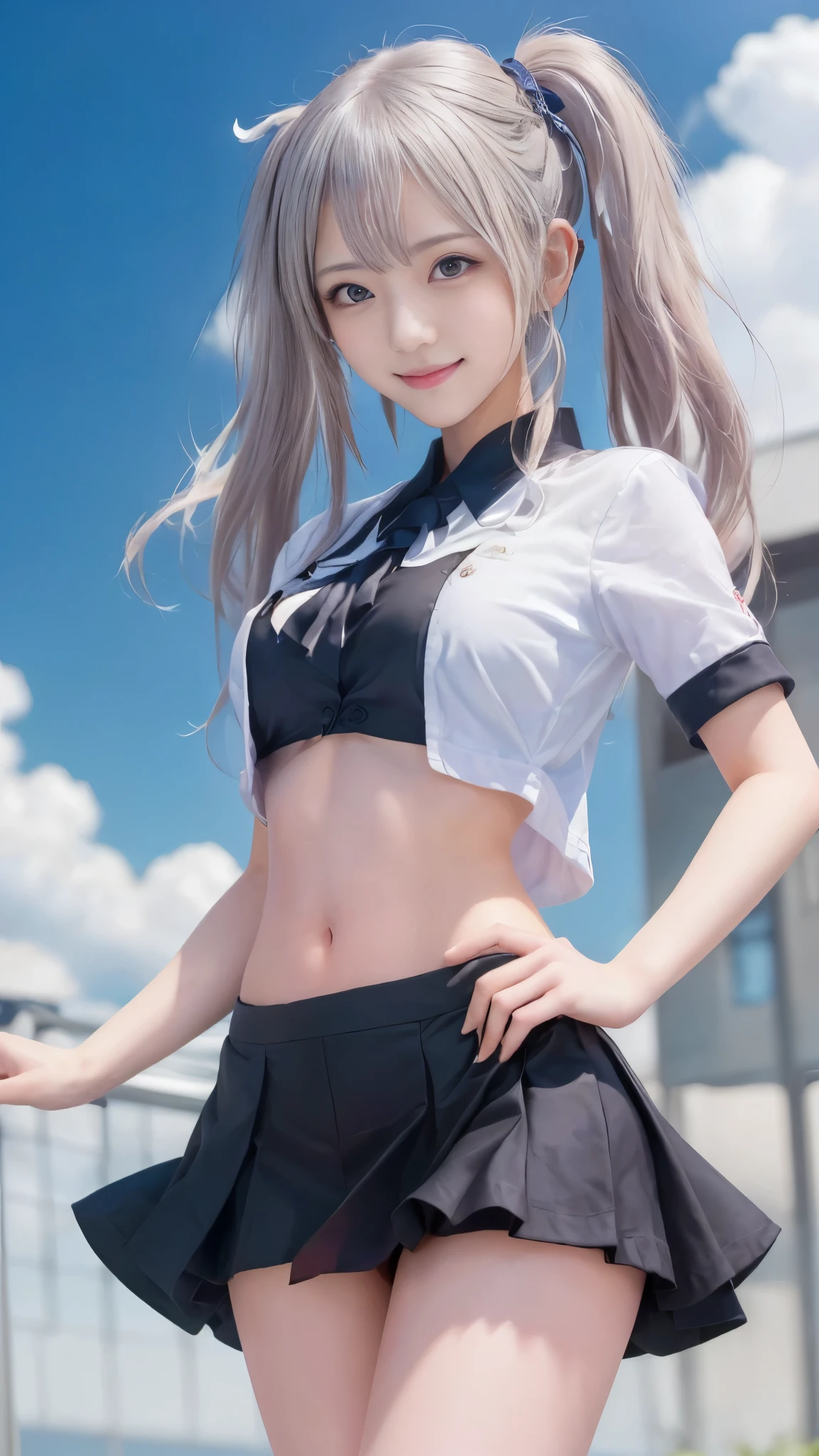 Girl posing for a photo in a short skirt and short shirt, Kantai Collection Style, ((Beautiful school girl, Idol Face)), Azur Lane Style, Best Anime 4K Konachan Wallpaper, Attractive girl, From Girls Frontline, Healthy Style, Enchanting girl, Perfect white hair girl, Girls Frontline Style, From the Azur Lane video game, ((highest quality, 8K, masterpiece)), Slender body line, Small and slender figure, Small beautiful breasts, Small beautiful butt, Slim thighs, (Detailed eyes and face:1.2), (Detailed hands:1.2), (Perfect Anatomy:1.2), (Professional Lighting), (Accurate Shadows), (Photorealistic:1.4), (View the viewer:1.2), (Idol Smile:1.2)