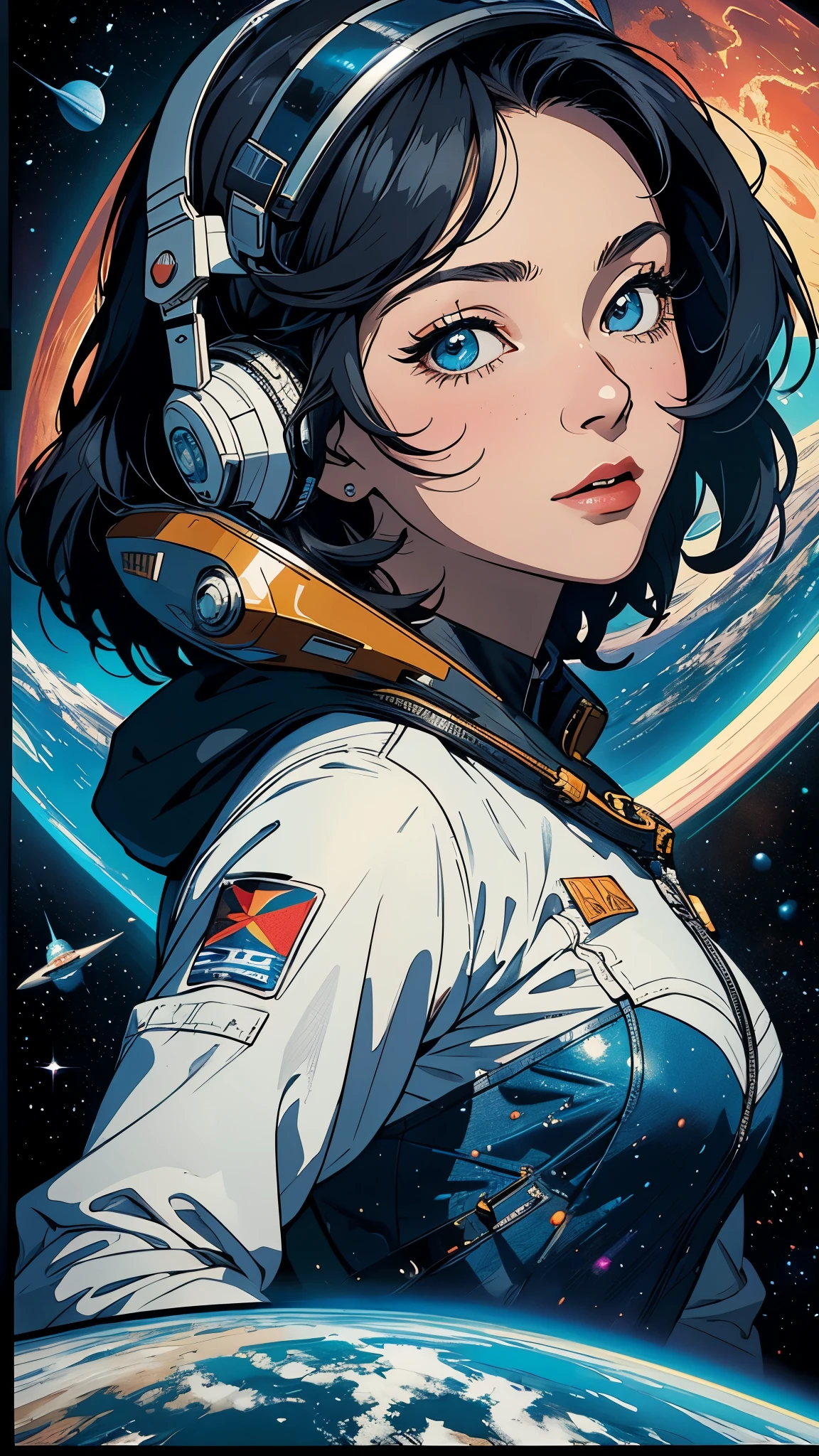 ((masterpiece, highest quality)), 32k wallpaper, very detailed, poster, vintage science fiction, 1960s,(((space thriller cinematic movie poster))), (bauhaus), shape,abstract, mid century modern, movie poster, vintage, Perfect Lady,1970's,halftone,speech bubble,galaxy,(super hero),(((portfolio,Close-up))),future,(anime),((various angle)),(((bust up))),((highlight)),Aerial view