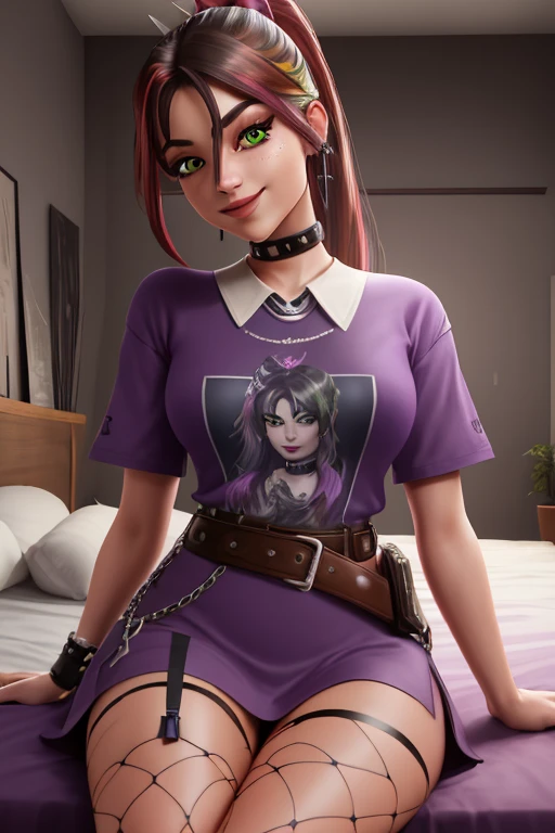 Helsie,green eyes, ponytail
solo,smiling,
purple shirt, choker, belt, fishnet
in bedroom , front, fullbody view, sitting
(insanely detailed, beautiful detailed face, masterpiece, beautiful detailed eyes, best quality),