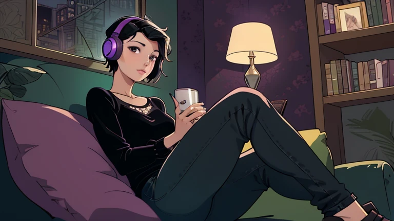 Beautiful woman in her 30s with short black hair is sitting on the sofa. Looking down, LOFI girl, alone in the room, blouse, cozy wallpaper, big cushion, bookshelf, relaxing mood, night core, cozy, wide glass window with skyscrapers, outside view at night, only five fingers, purple wall, black Eyes, listening to music with headphones
