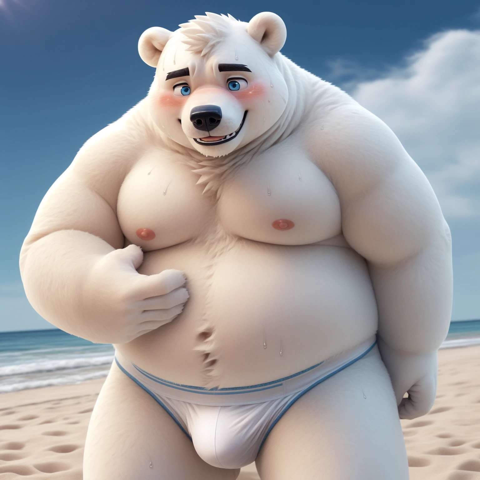 New Jersey 5 Furry，polar bear，Exquisite，topless，White briefs，Beach，sweat, blush.，Smile,Solitary，Chubby，Fat，Thick arms，Rugged muscles，White plush fur，Chubby脸，Black eyebrows，Sky blue eyes，Beard，high resolution, top quality, best quality，blush，nipples,orgasm，penis，，（sweat，SFW）