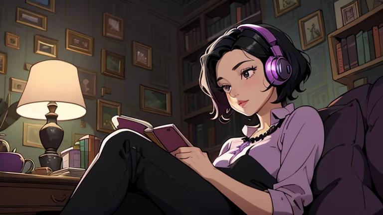 Beautiful woman in her 30s with short black hair is sitting on the sofa. Looking down, LOFI girl, alone in the room, blouse, cozy wallpaper, big cushion, bookshelf, relaxing mood, night core, cozy, wide glass window with skyscrapers, outside view at night, only five fingers, purple wall, black Eyes, listening to music with headphones