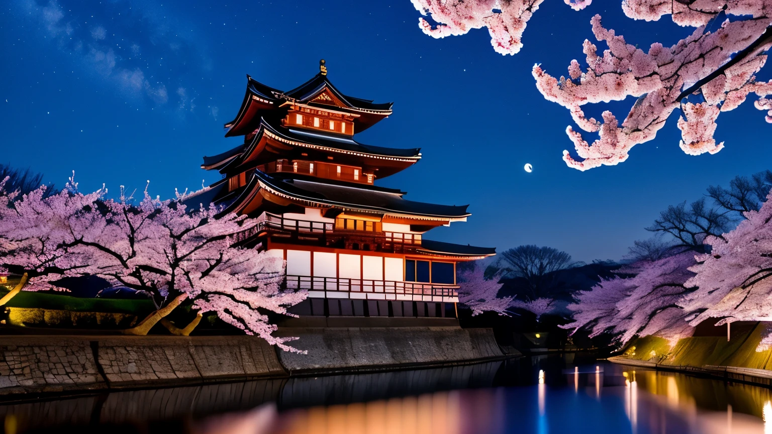 Cherry blossoms at night along the river, Japanese castle in the background, moon, beautiful stars, countryside