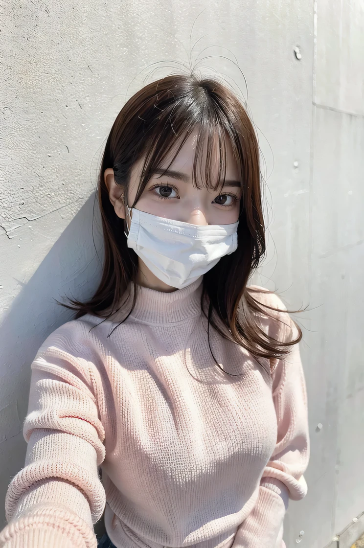 Japan Beauty、smiling, Live action、Poses variadas、Background shot on white wall、Colossal tits、Pink mask、Selfie wind、 knitwear