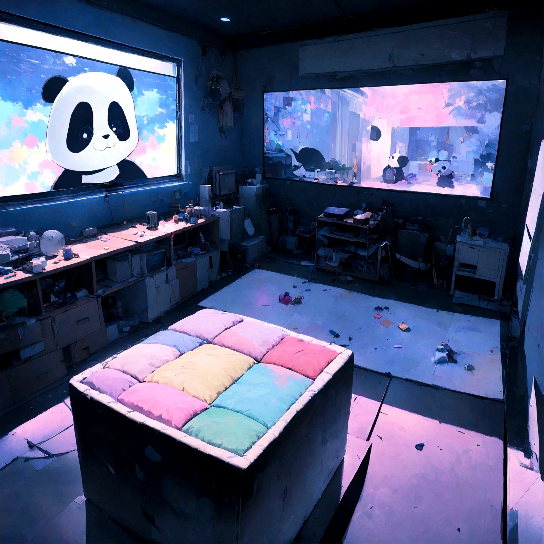 Help me draw a panda It's a baby panda I live in a modern apartment with big windows. Baby panda is watching big TV 4K Real Still a small panda Luxury House Clean room
