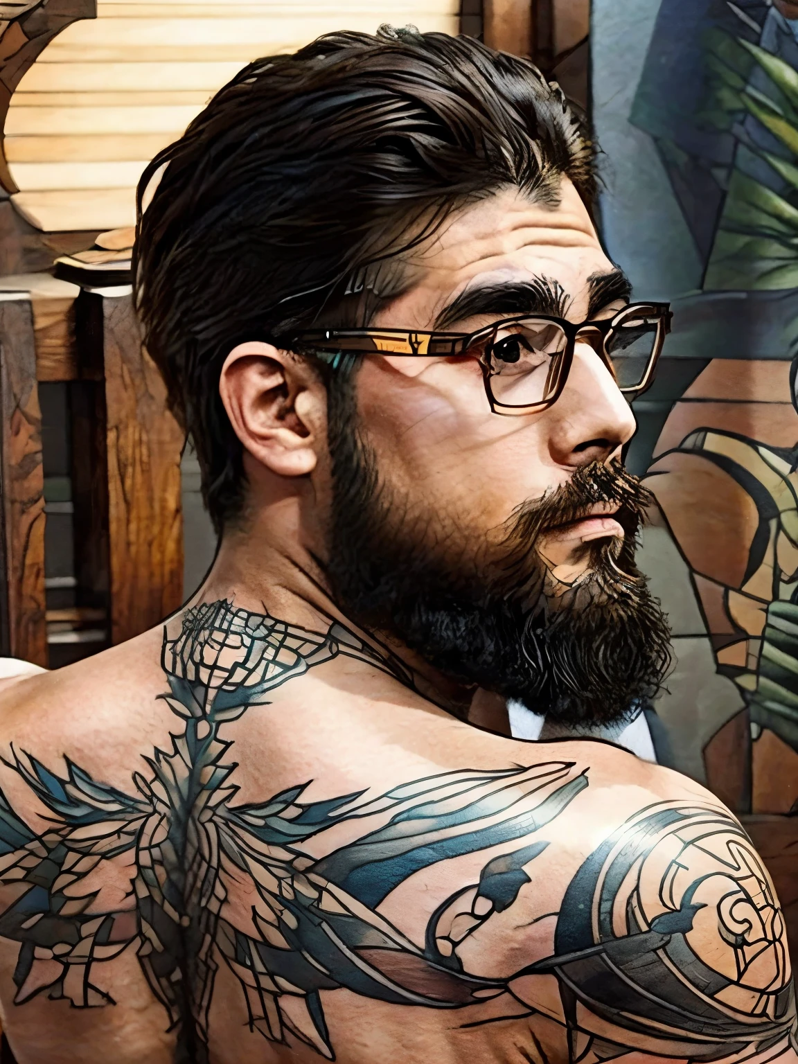 1boy, Glasses, beard, solo, A diagonal rear view of a back tattoo。Natural light illuminates the tattoo、Make sure the details are clearly visible。