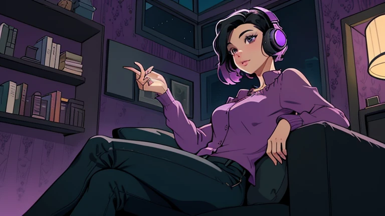 Beautiful woman in her 30s with short black hair is sitting on the sofa. Looking down, LOFI girl, alone in the room, blouse, cozy wallpaper, big cushion, bookshelf, relaxing mood, night core, cozy, wide glass window with skyscrapers, outside view at night, only five fingers, purple wall, black Eyes, listening to music with headphones