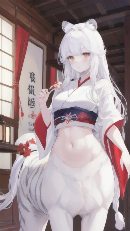 (best quality, masterpiece), 1 girl, centaur, It takes, White skin, Japanese , exposing the abdomen,belly button t-shirt, beautiful girl perfect white tiger photo, perfect white tiger photo