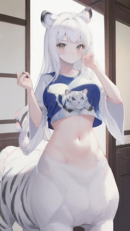 (best quality, masterpiece), 1 girl, centaur, It takes, White skin, Japanese , exposing the abdomen,belly button t-shirt, beautiful girl perfect white tiger photo, perfect white tiger photo