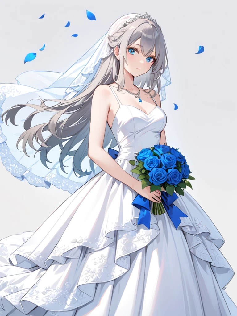 (((Best quality))),((Ultra-detailed)),((illustration)),((Disheveled hair)),((frilld)),(1 girl),(Solo),1girl,
1girl,
blue bow,
blue eyes,
blue flower,
blue ribbon,
blue rose,
bouquet,
breasts,
dress,
flower,
gradient,
gradient background,
grey background,
jewelry,
long hair,
necklace,
petals,
rose,
solo,
veil,
wedding dress,
white dress,
lexington \(warship girls r\),
gray hair,
long dress,
full body,