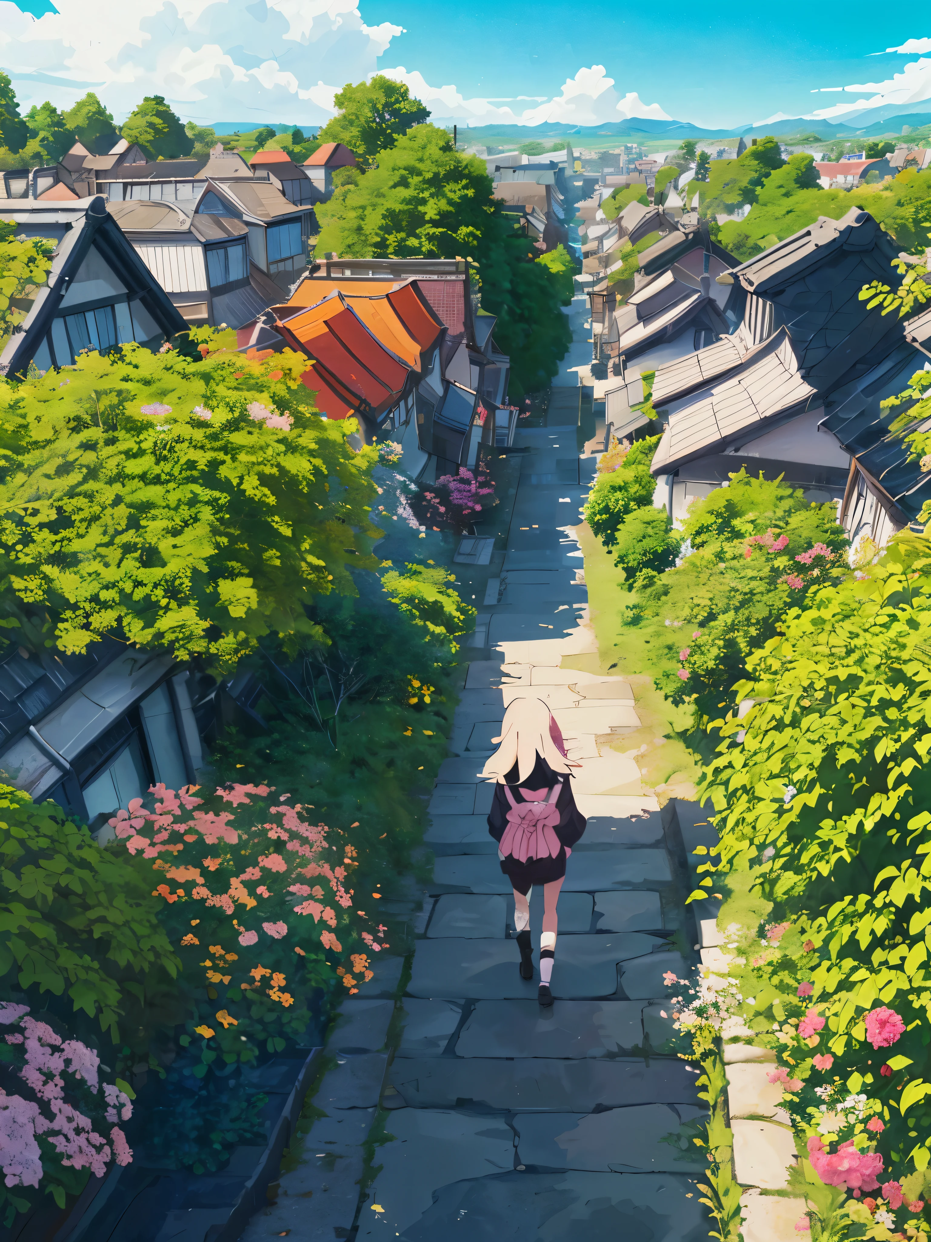 4K, Very vivid color, A girl is looking at a city and she is at high and little far place from the city, japanese anime taste, (sky and the land aspect is 1:2),(many houses in the city with colourful roofs and trees), there is long one way down to the city from the girl, beautiful blue sky with many clouds, colourful flowers along the way.
