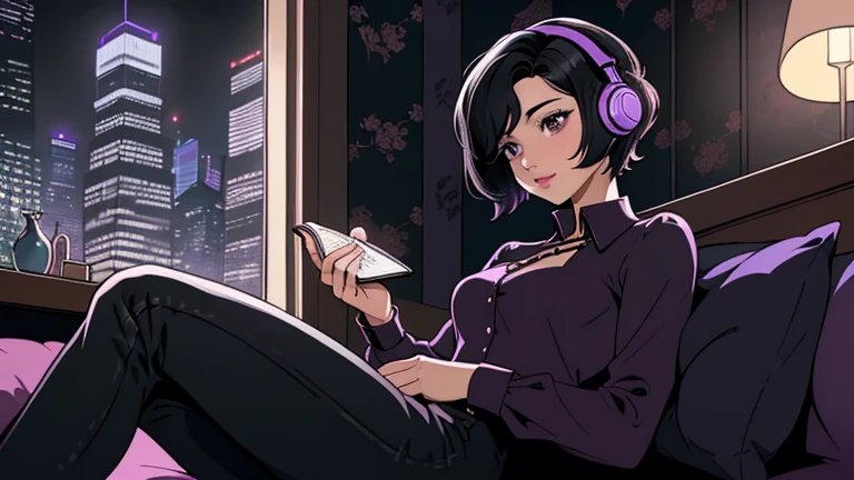Beautiful woman in her 30s with short black hair is sitting on the sofa. Looking down, LOFI girl, alone in the room, blouse, cozy wallpaper, big cushion, bookshelf, relaxing mood, night core, cozy, wide glass window with skyscrapers, outside view at night, only five fingers, purple wall, black Eyes, listening to music with headphones
