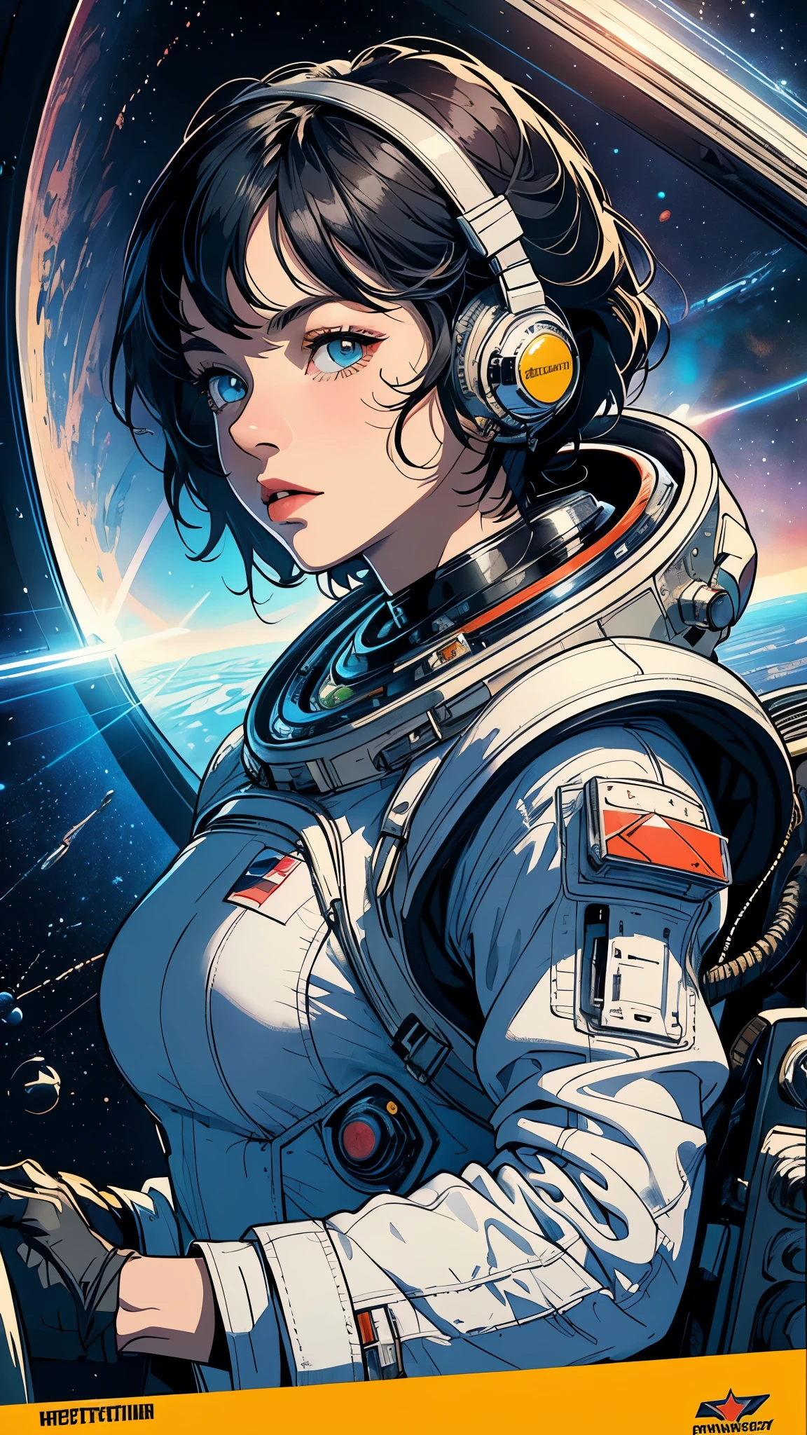 ((masterpiece, highest quality)), 32k wallpaper, very detailed, poster, vintage science fiction, 1960s,(((space thriller cinematic movie poster))), (bauhaus), shape,abstract, mid century modern, movie poster, vintage, Perfect Lady,1970's,halftone,speech bubble,(((portfolio,Close-up))),future,(anime),((various angle)),(((bust up))),((highlight)),Vast landscape,(((heterochromia))),((one person))