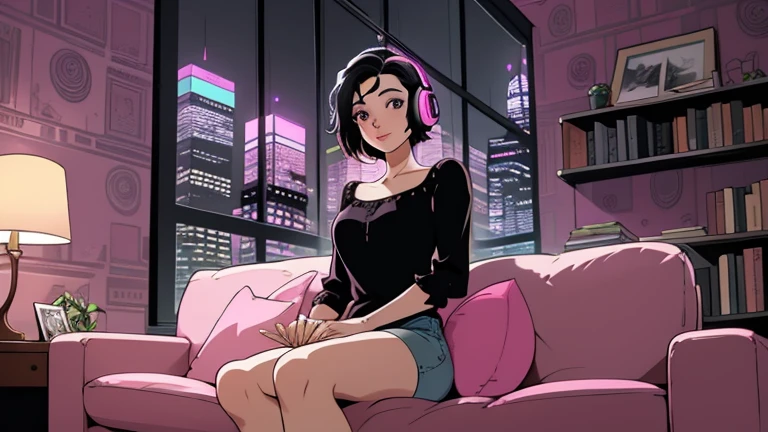 Beautiful woman in her 30s with short black hair is sitting on the sofa. Looking down, LOFI girl, alone in the room, blouse, cozy wallpaper, big cushion, bookshelf, relaxing mood, night core, cozy, wide glass window with skyscrapers, outside view at night, only five fingers, pink wall, black Eyes, listening to music with headphones