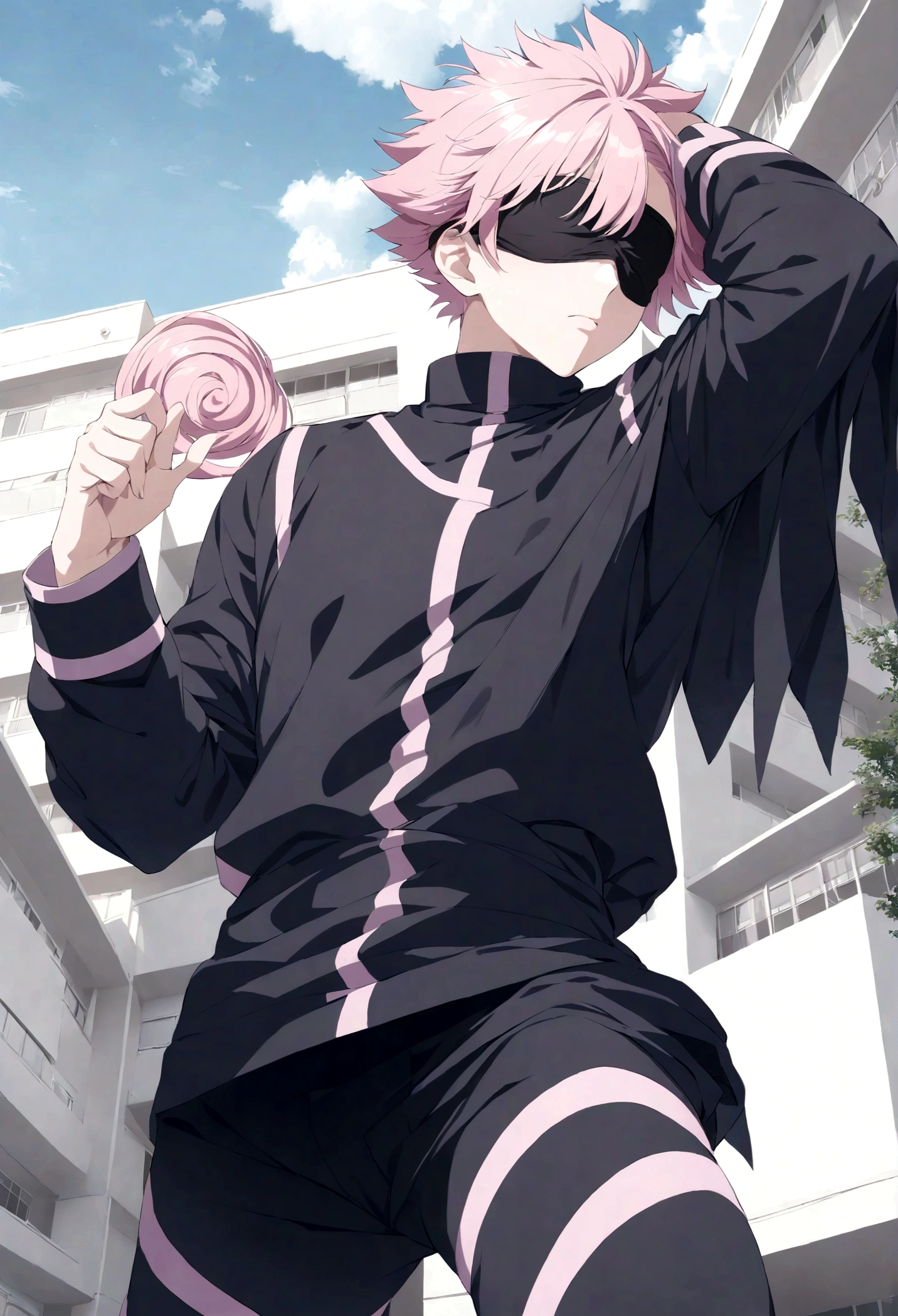 gojo satoru from the jujutsu kaisen universe, blindfolded with black cloth, powerful, imposing, pink swirling, high school compound, photorealistic