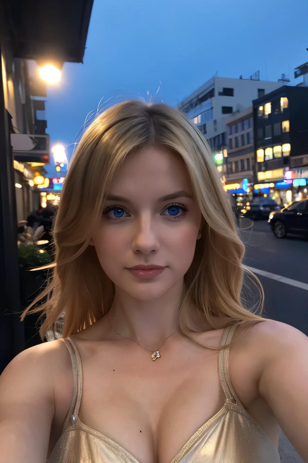 1 woman, Russian, Photorealistic, gorgeous woman, Selfie photo, hyper detailed, Beautiful, Blue eyes, honey-colored hair,((upper body selfie, happy)), night city in real life, Filming in the city, looking at the viewer, Beautiful lighting, masterpiece, Best quality, ultra detailed, ultrastructured leather, One, exteriors, (night), (Star, moon) cheerful, happy, ghostly, contrast, Clear sky, analog style (I look at the viewer:1.2) (skin texture) (Granularity:1.3), (warm shade, warm tone:1.2), close-up, Cinematic light, Side lighting, Ultra high resolution, The best shadows, ..RAW, upper body, wear a dress, Relaxed and intimate photos, blonde hair, 5 breast size