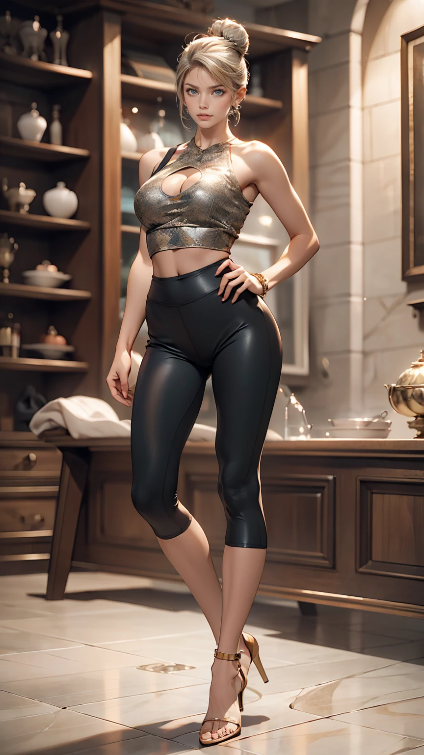 25-year-old Caucasian female、Silver Hair、Side-swept chignon((side bun))、Front cutout((front cutout))Wear tops、Wear low rise leggings、Setback Heel((set back heel))Wear、Place your hands on your hips、Model standing、Marble floor、Cowboy Shot