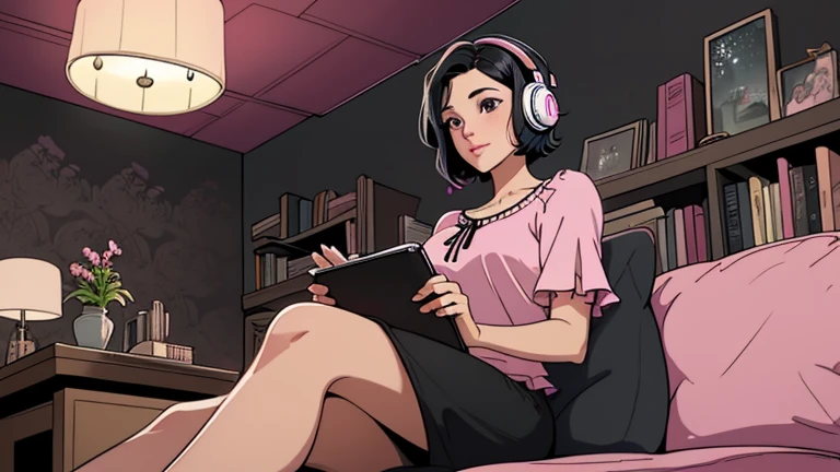 Beautiful woman in her 30s with short black hair is sitting on the sofa. Looking down, LOFI girl, alone in the room, blouse, cozy wallpaper, big cushion, bookshelf, relaxing mood, night core, cozy, wide glass window with skyscrapers, outside view at night, only five fingers, pink wall, black Eyes, listening to music with headphones