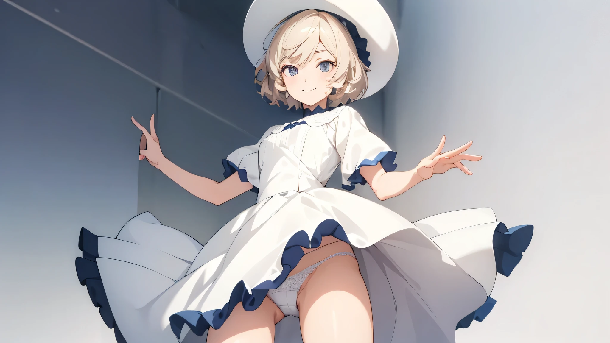 1girl,,alone, short hair, White Hat, smile, White Dress, (iwanagakotoko:0.9), (Iwanaga Dress:1), outdoor, ,white lace panties, upskirt,
break masterpiece ,8k unity wallpaper,anime key visual,highest quality, High resolution, (shape:0.8),anime coloring,highly detailed face, detailed eyes,growing eyes,shiny skin,fine skin,white skin,dense skin,detailed hair,highly detailed legs,perfect lighting, Detailed CG, (perfect hands, perfect anatomy),High resolution,(Detailed wear ),slender limbs, delicate curves, dainty hands,figure:0.8,