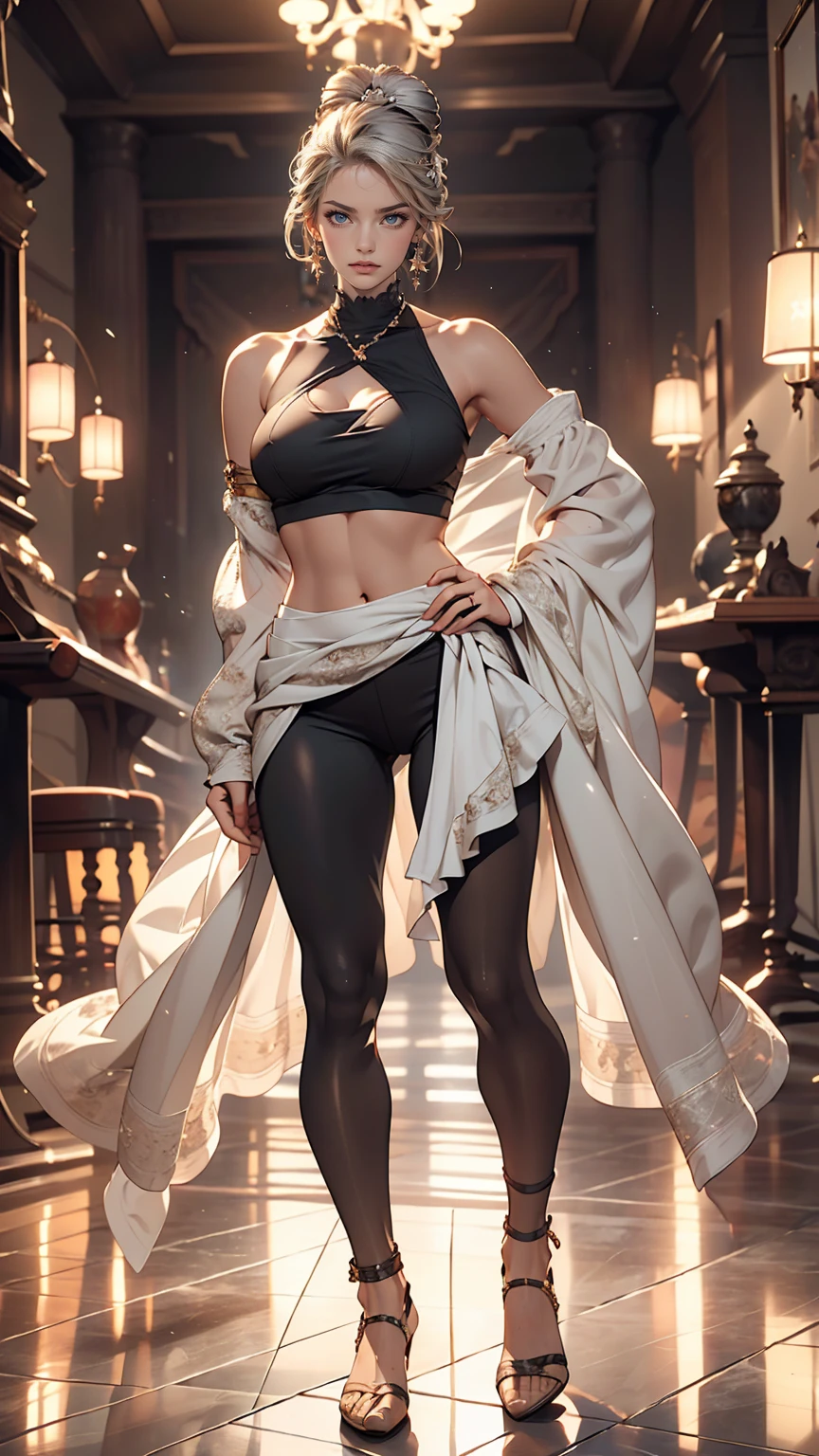 24 year old Caucasian female、Off-the-shoulder wrap(off-shoulder wrap)Wear a top from、I can see my belly button、Wear low rise leggings、Wear stiletto heels、smile、Brush your hair back、Sexy proportions、Narrow waist