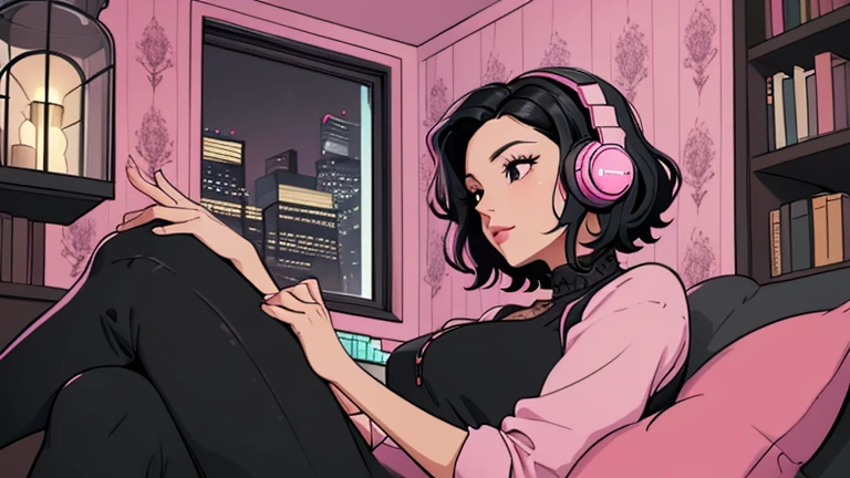 Beautiful woman in her 30s with short black hair is sitting on the sofa. Looking down, LOFI girl, alone in the room, blouse, cozy wallpaper, big cushion, bookshelf, relaxing mood, night core, cozy, wide glass window with skyscrapers, outside view at night, only five fingers, pink wall, black Eyes, listening to music with headphones