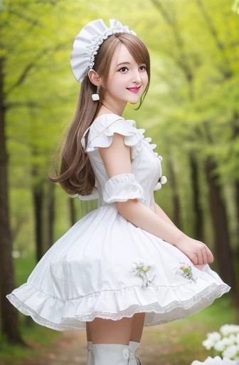 masterpiece, best quality, lissa, hair ornament, bonnet, frilled dress, white thighhighs, boots, standing, smile, white flowers, from side, hands at chest, trees, spring