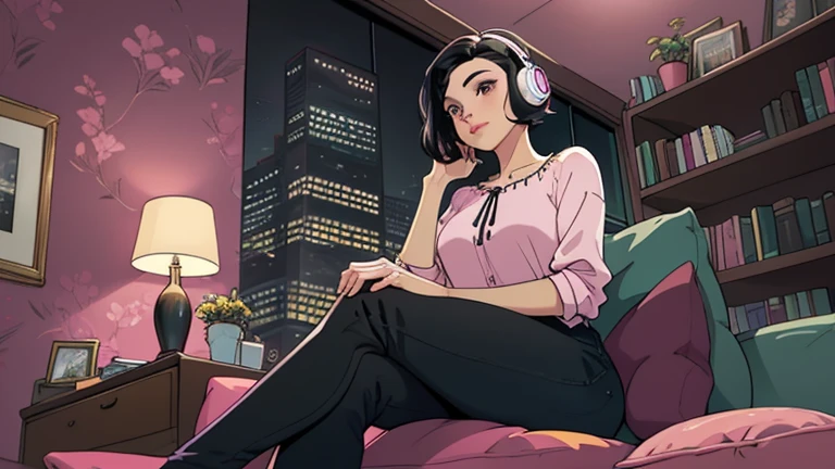 Beautiful woman in her 30s with short black hair is sitting on the sofa. Looking down, LOFI girl, alone in the room, blouse, cozy wallpaper, big cushion, bookshelf, relaxing mood, night core, cozy, wide glass window with skyscrapers, outside view at night, only five fingers, pink wall, black Eyes, listening to music with headphones