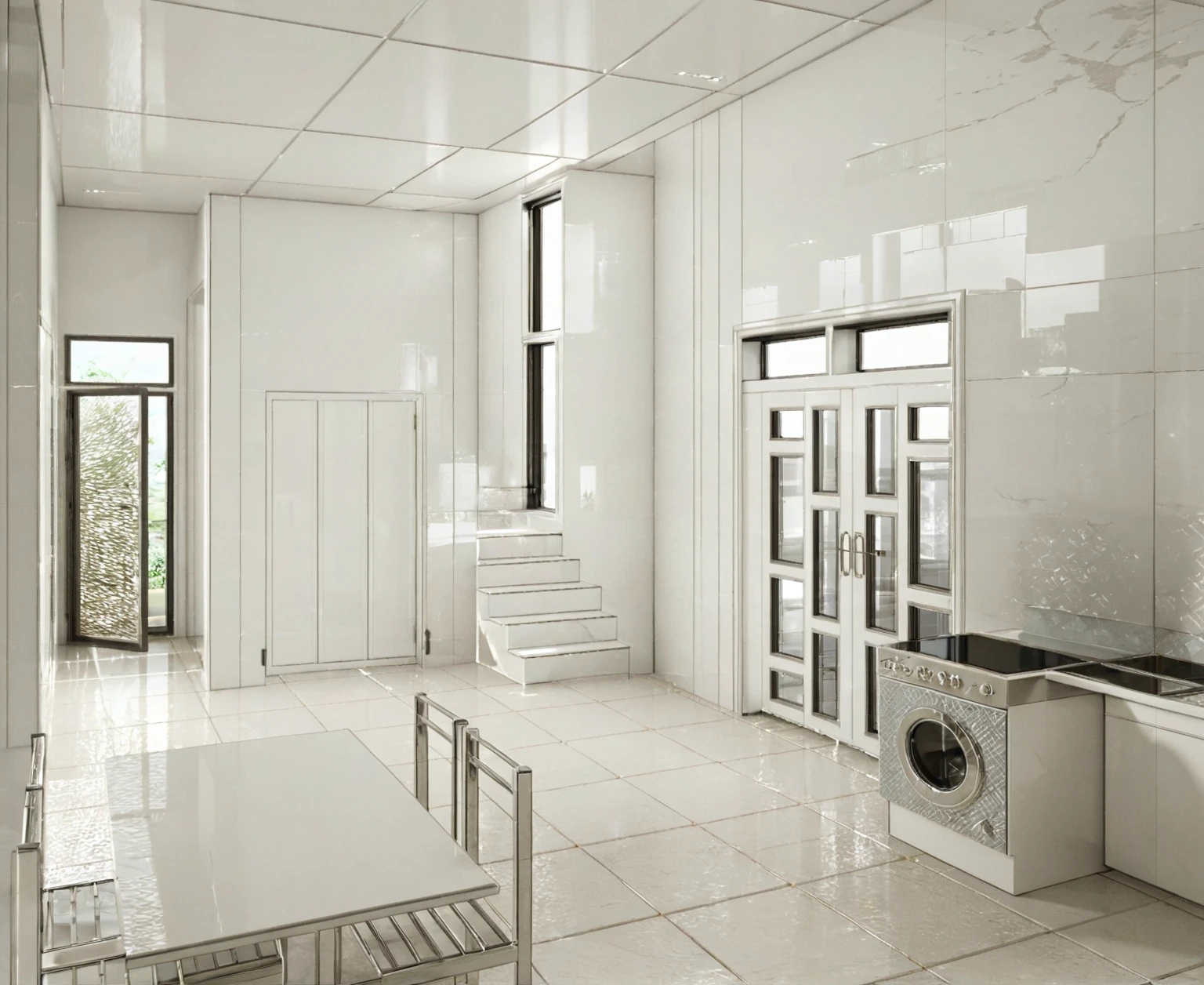 best quality, masterpiece, Interior design, kitchen,3000k, (best quality, masterpiece, high_resolution:1.5),UHD 32K,  CERAMIC TILING FLOOR, sharp detail, main materials white walls, WITH GREY MULLION STEEL FRAME, sky, day, indoors, no humans, window, chair, table, plant,Modern,3d style, ((WHITE CEILING : 1.1)),