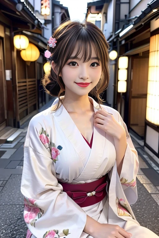 highest quality、8k wallpaper、reality:1.4、Captured by a professional photographer、Cinema Lighting、View your audience、background:Kyoto street corner、1 beautiful girl、Japanese Idols、19 years old、Beautiful and detailed eyes、Detailed face、Beautiful Skin、thin、Slim waist、thin脚、Red lipstick、blonde: 1.8、Fancy hairstyles:1.8、Random hair color、Light Hair、Asymmetrical bangs、Hair decorated with elegant and delicate hairpins、Kimono with vibrant traditional patterns:1.2 、smile:1.5,Seductive pose,The chest is slightly visible,Large breasts sagging due to gravity,  Spread your legs, 
