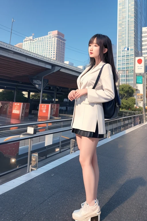 There is a woman standing on the platform of the shrinking city,Ambient occlusion rendering inspired by Tsubasa Nakai,cg social trends,fantastic realism,高度Detailed footage of the giantess,Detailed footage of the giantess,giantess art,Surreal主義女學生,standing in a city center,Surreal,many villains,contrast giant