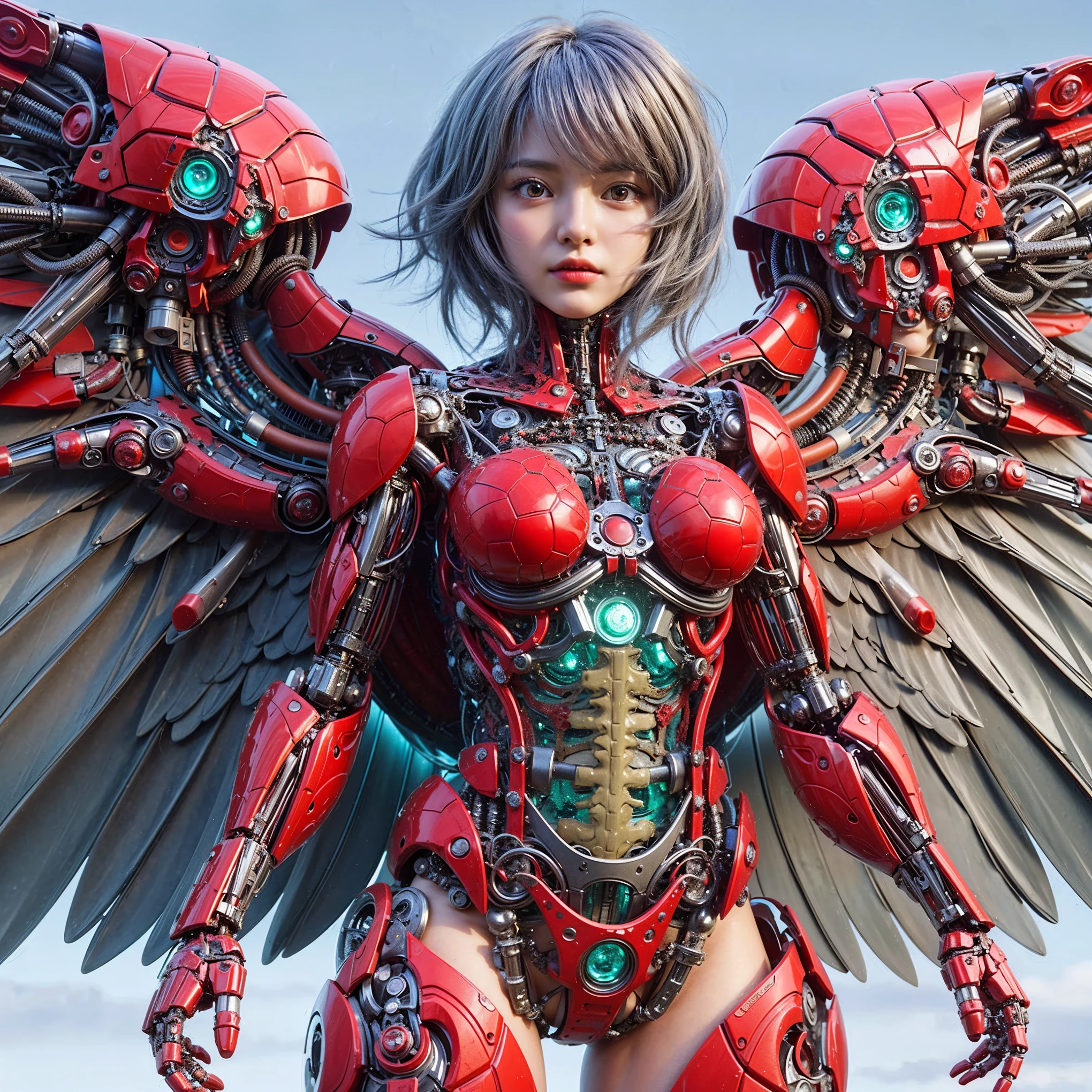 (top-quality:1.2, masterpiece), ultra high res,ultimately surrealism, (Photorealsitic:1.4), (stag beetle-like (mechanical:1.4) (armor:1.1)),mechanical large wings, red porcelain body、mechanical legs, gray  hair、glowy skin、1 Cyborg girl、(mechanical frame:1.3), japanese, extremely real face,  ((super realistic details)), full body shot, globalillumination, octan render, ultrasharp, character edge light, Details of complex ornaments, Acrylic Clear Cover, Hydraulic cylinder