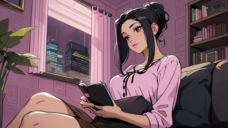 Beautiful woman in her 30s with black hair up is sitting on the sofa. Looking down, LOFI girl, alone in the room, blouse, cozy wallpaper, big cushion, bookshelf, relaxing mood, night core, cozy, wide glass window with skyscrapers, outside view at night, only five fingers, pink wall, black Eyes, listening to music with headphones