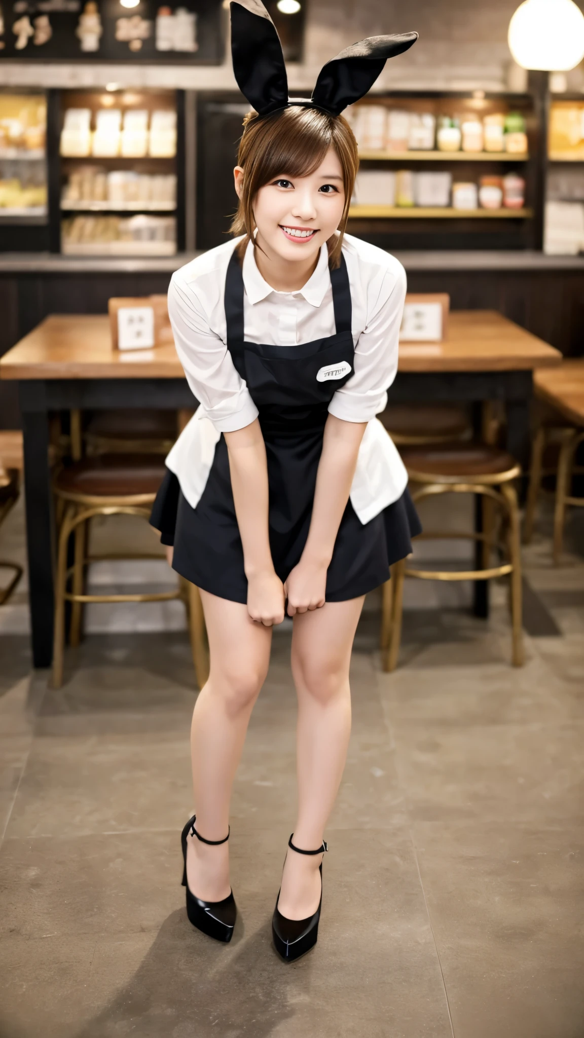 Bunny girl working at maid cafe:1.5,The best smile:1.5,Full Body Shot:1.5,Gray background:1.5,Wearing black high heels:1.5,Leaning forward and looking in:1.5