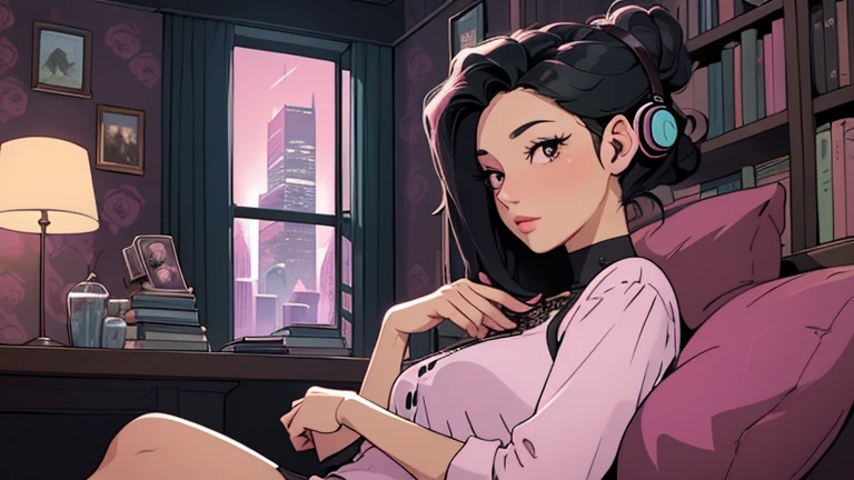 Beautiful woman in her 30s with black hair up is sitting on the sofa. Looking down, LOFI girl, alone in the room, blouse, cozy wallpaper, big cushion, bookshelf, relaxing mood, night core, cozy, wide glass window with skyscrapers, outside view at night, only five fingers, pink wall, black Eyes, listening to music with headphones